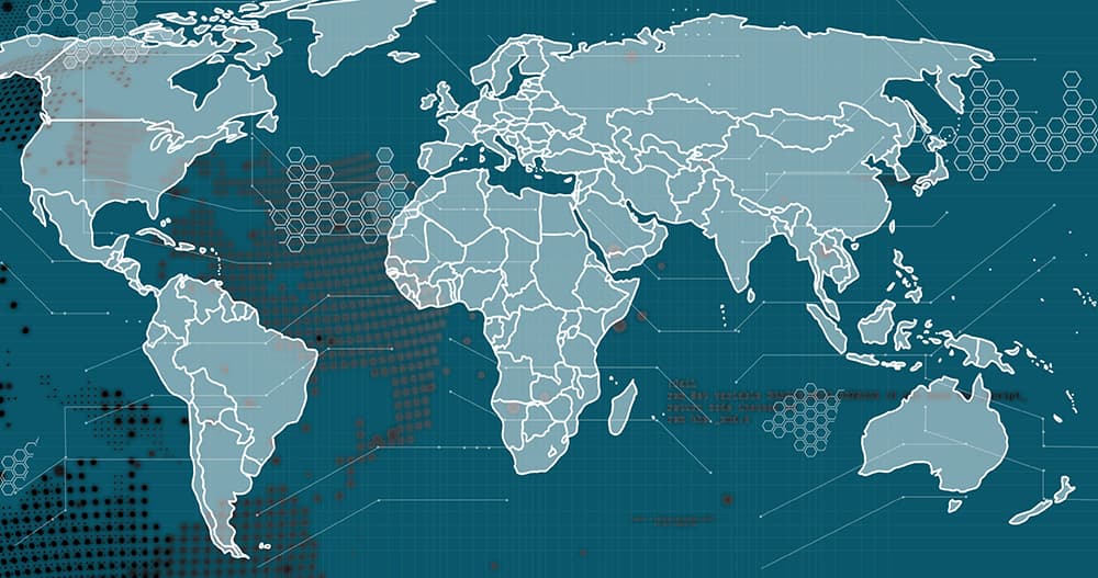 Global network map with digital connections, representing worldwide connectivity, data exchange, and cybersecurity infrastructure.