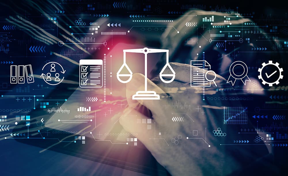 Regulatory compliance concept with balance scale and digital interface, representing data governance, risk management, and cybersecurity compliance standards.