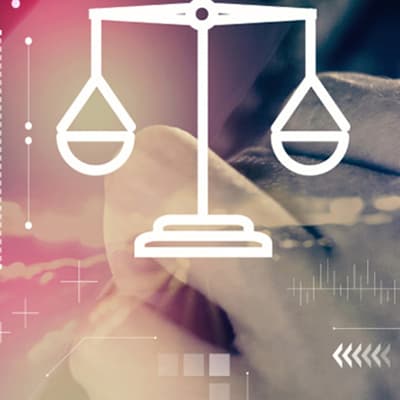 Regulatory compliance concept with balance scale and digital interface, representing data governance, risk management, and cybersecurity compliance standards.
